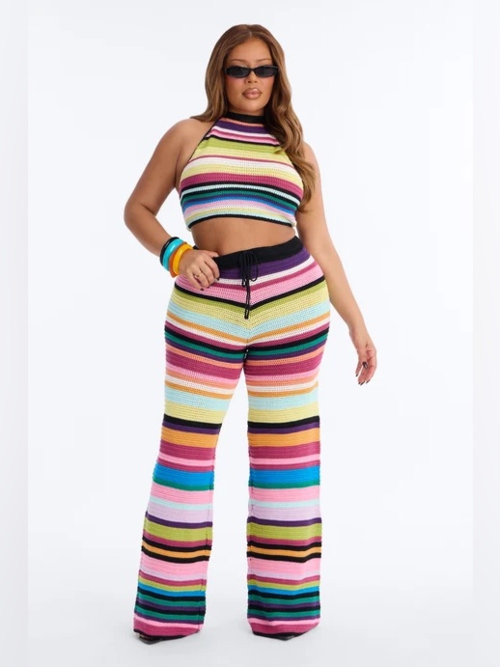 Striped Crochet Wide-Leg Pants in Multi Pink